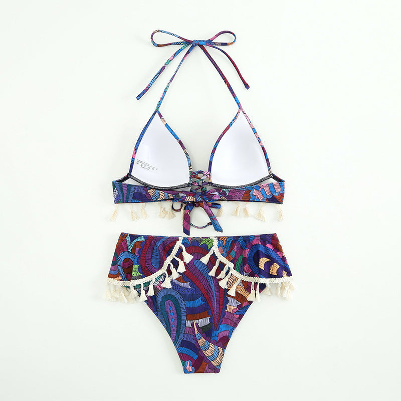 Printed Brazilian Ethnic Halter Lace up Tassel Bikini Women Swimsuit Bella Mia