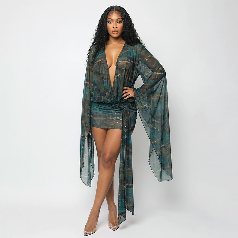 Women Clothing Summer Sexy Mesh Deep V Plunge neck Digital Printing Slim Mini Dress