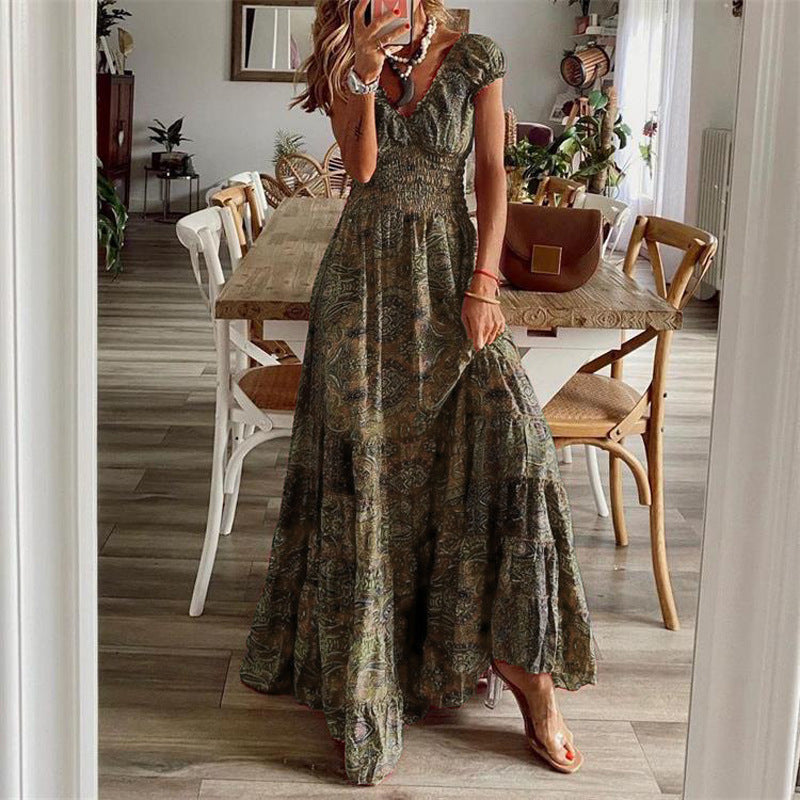 Bohemian Summer Maxi Dress High Waist V Neck Floral Print Large Swing Dress