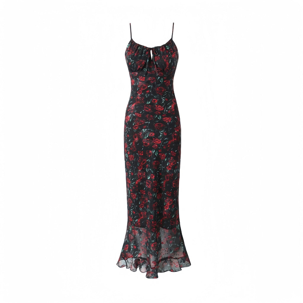 Long Rose Print Dress Sexy Girl Slim Fit Seaside Beach Vacation over the Knee Fishtail Suspender Bella Mia
