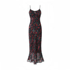 Long Rose Print Dress Sexy Girl Slim Fit Seaside Beach Vacation over the Knee Fishtail Suspender Bella Mia