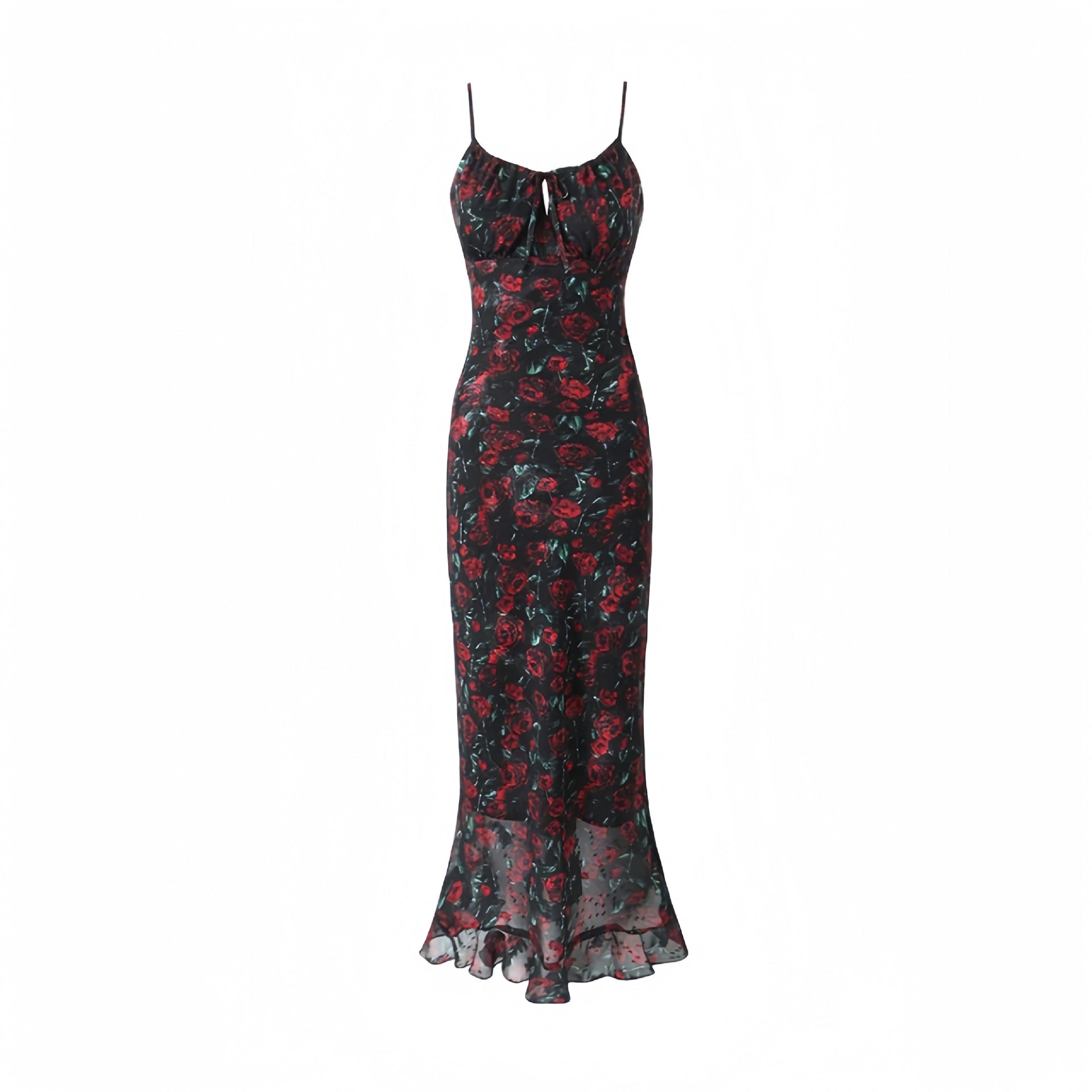 Long Rose Print Dress Sexy Girl Slim Fit Seaside Beach Vacation over the Knee Fishtail Suspender Bella Mia