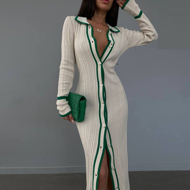Slim Collared Patchwork Women Long Sleeved Cardigan Dress Bella Mia