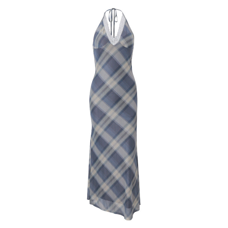 Women Clothing Summer Sexy V neck Lace Plaid Sweet Retro Slim Fit Dress Women Bella Mia