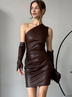 Faux Leather Dress Street Hipster Women Clothing Diagonal Collar Sleeveless Oversleeve Tight Waist Sheath Dress Bella Mia