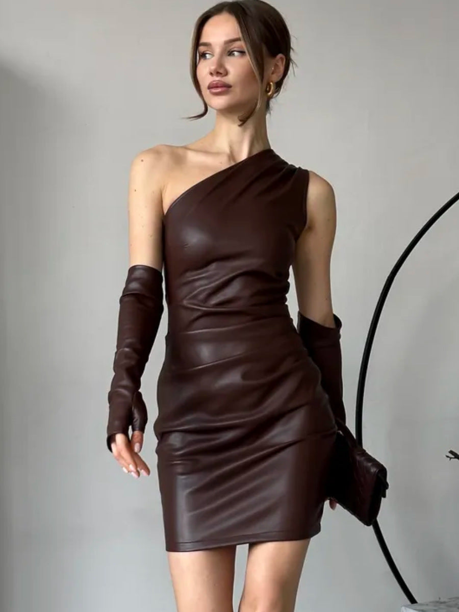 Faux Leather Dress Street Hipster Women Clothing Diagonal Collar Sleeveless Oversleeve Tight Waist Sheath Dress Bella Mia