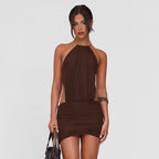 Summer Women Clothes Metal Ring Halter Sexy Backless Lace up Hip Dress Bella Mia