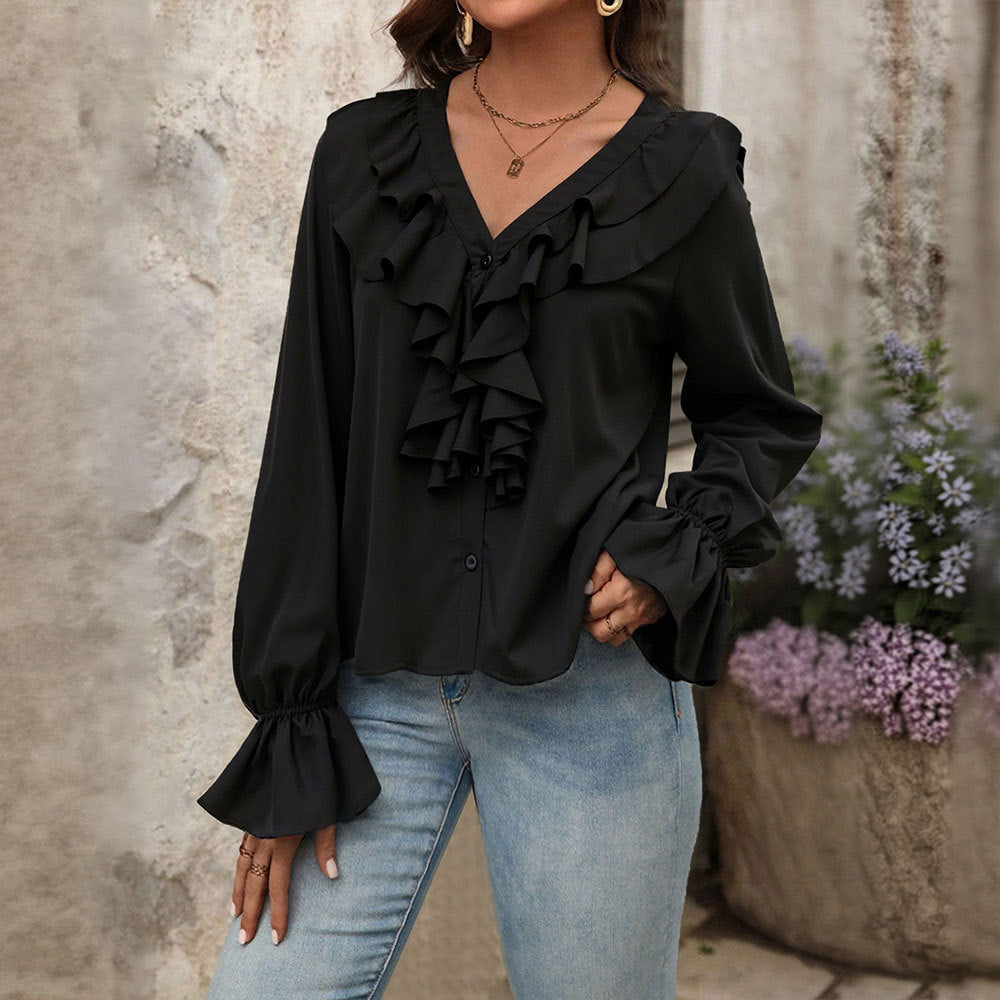 Women Clothing Autumn V neck Ruffled Elegant Shirt for Women Bella Mia