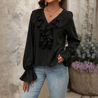 Women Clothing Autumn V neck Ruffled Elegant Shirt for Women Bella Mia