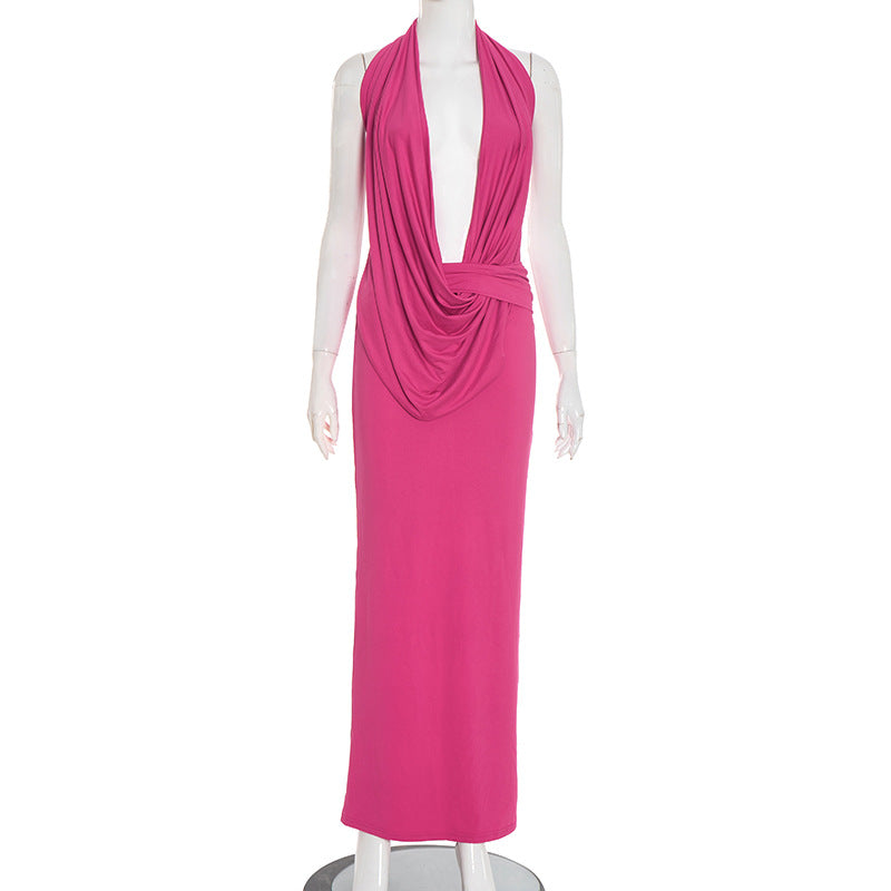 Clothing Autumn Slim Fit Halter Backless Sleeveless Pleated Lace up Elegant Length Dress Bella Mia