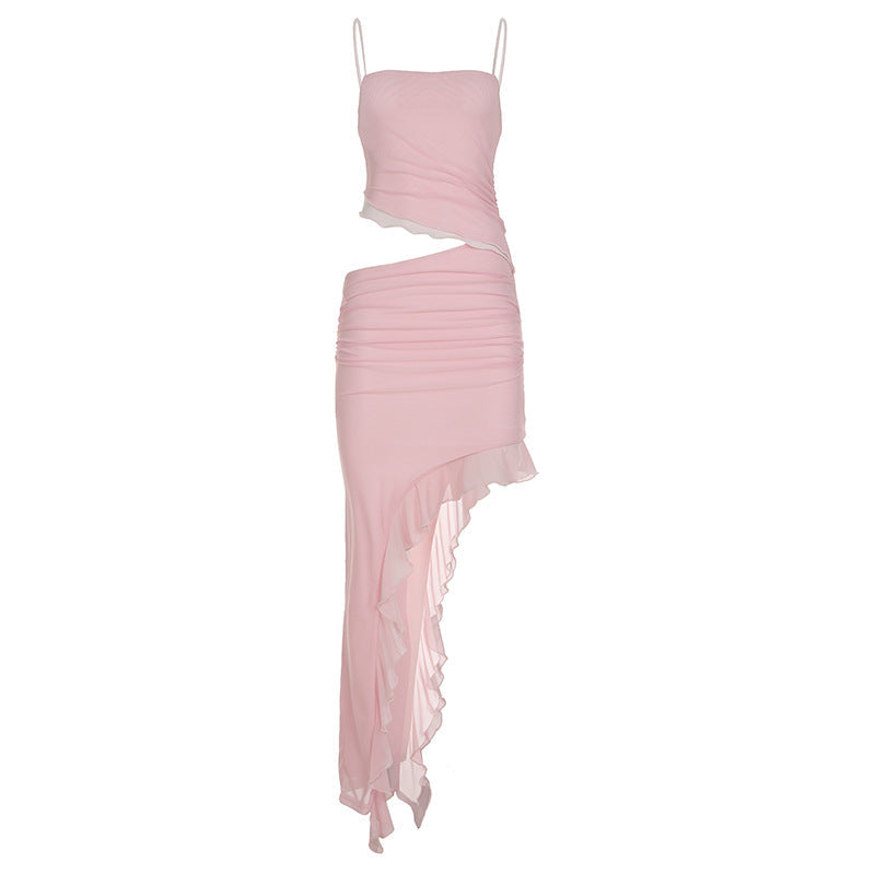 Vacation Women Cropped Outfit Ruffled Mesh Dress Irregular Asymmetric Solid Color Elegant Graceful Halter Dress