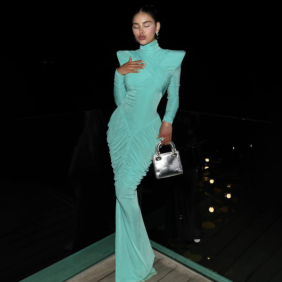 Fall Women Clothing Solid Color Turtleneck Backless Stitching Pleated Slim Fit Dress Bella Mia