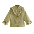 Autumn Ruffled Printed Shirt round Neck Retro Casual Comfortable Top Bella Mia