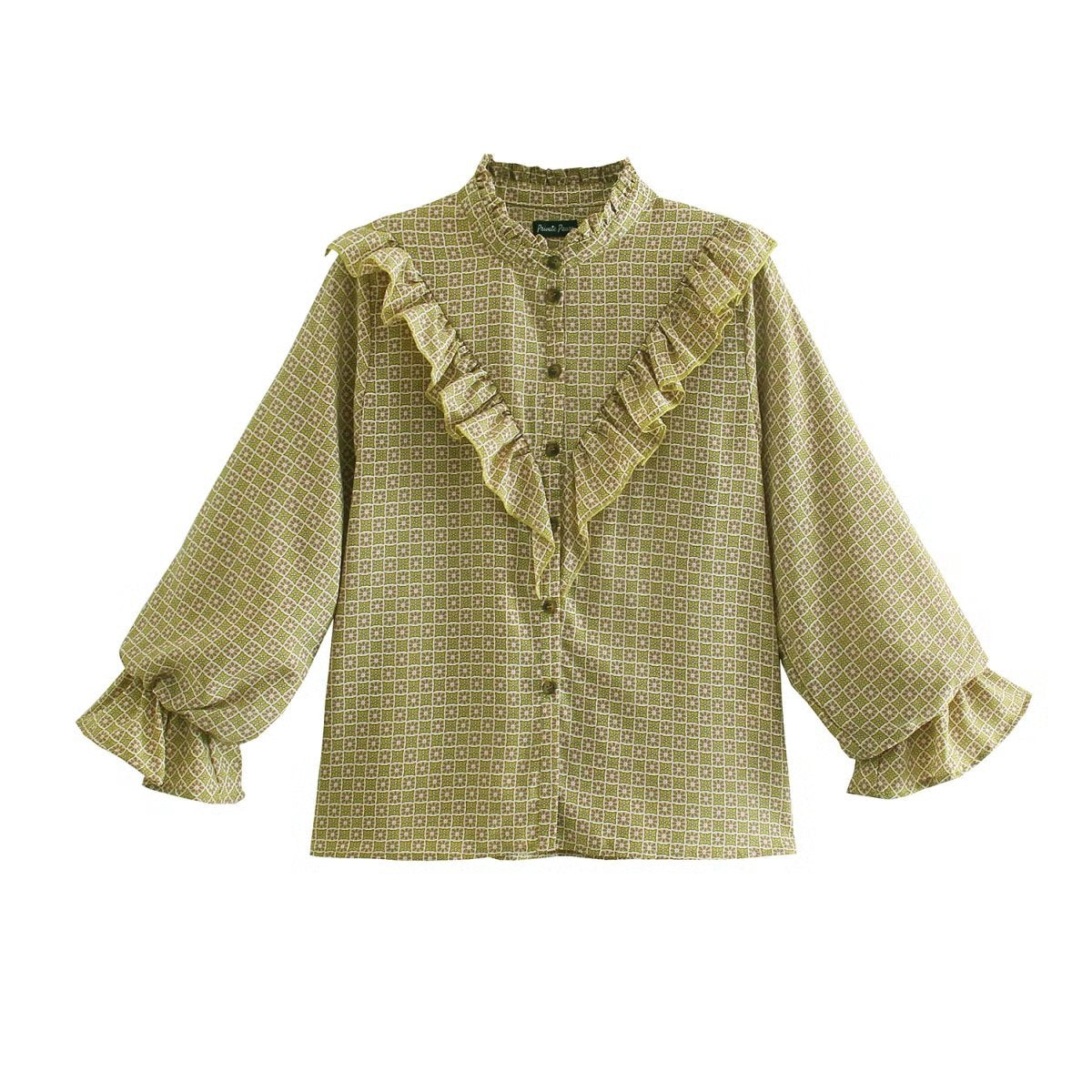 Autumn Ruffled Printed Shirt round Neck Retro Casual Comfortable Top Bella Mia