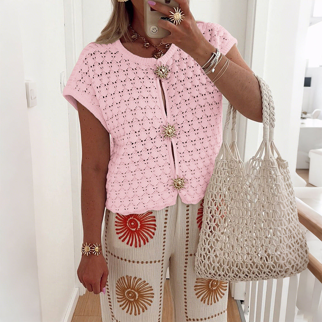 Simple Vacation Short Sleeve Hollow Out Cutout T shirt Wool Women Clothing Autumn Winter Bella Mia