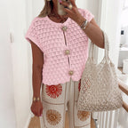Simple Vacation Short Sleeve Hollow Out Cutout T shirt Wool Women Clothing Autumn Winter Bella Mia