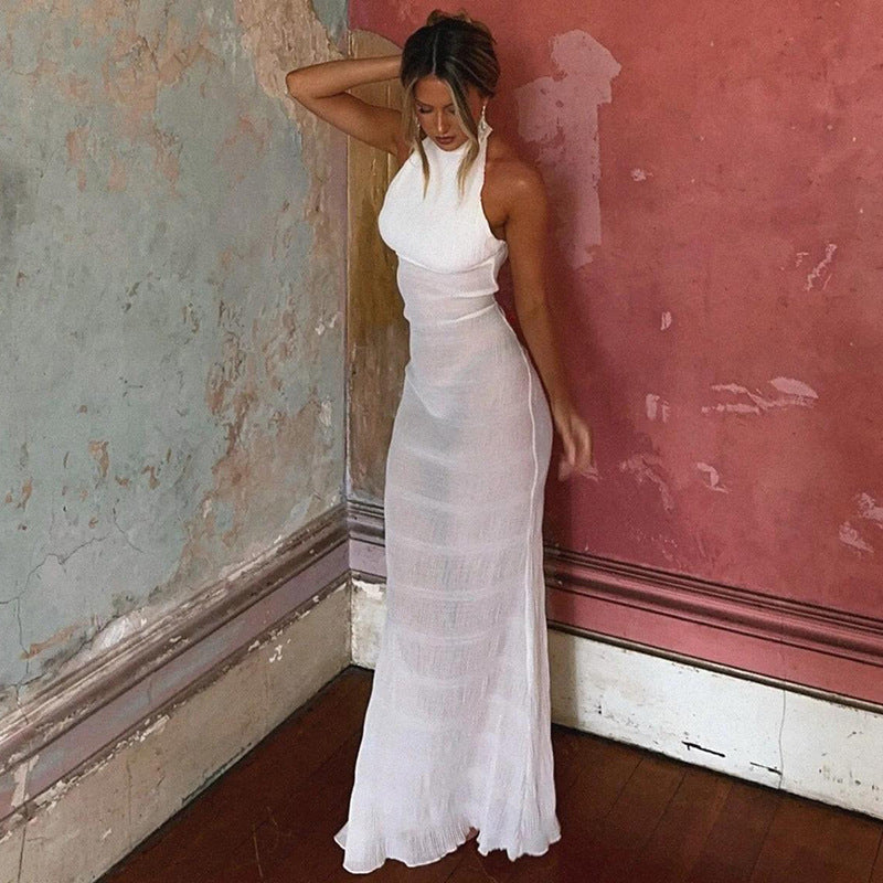Spring Women Clothing Sexy Halter Backless Pleated Ruffle Sleeveless Dress Women Bella Mia