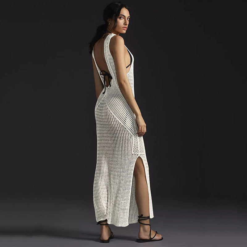 Knitted Beach Cover-up Sexy Hollow Out Cutout Split Vacation Skirt Dress Bikini Cover Bella Mia
