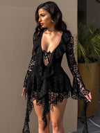 Women Clothing Lace Lotus Leaf Streamer Long Sleeve with Safety Pants Short Dress Bella Mia