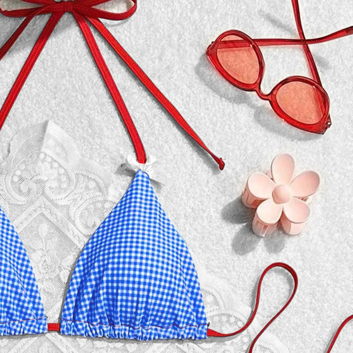 Summer Sweet Bow Floral Plaid Women Split Vacation Swimsuit Bikini Bella Mia