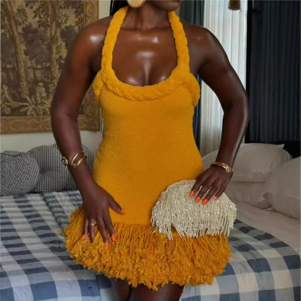 Autumn Winter Hand Woven Twine Rope Shoulder Strap Tassel Dress Swing Short Dress Bella Mia