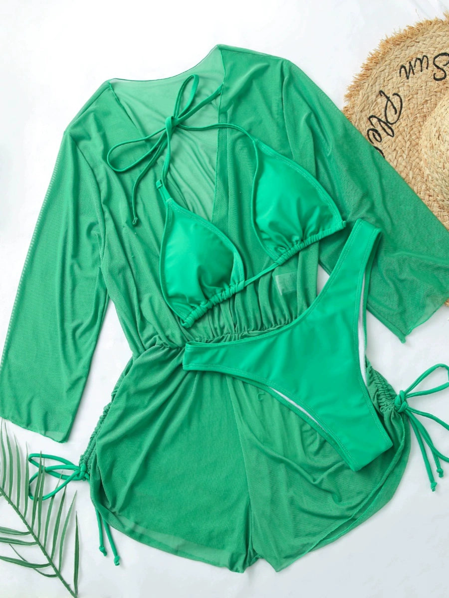 Women's Solid Color Separates Swimsuit Sheer Mesh Cover up Swimwear Triangle Bikini Beach Sexy Bikini LUXLIFE BRANDS