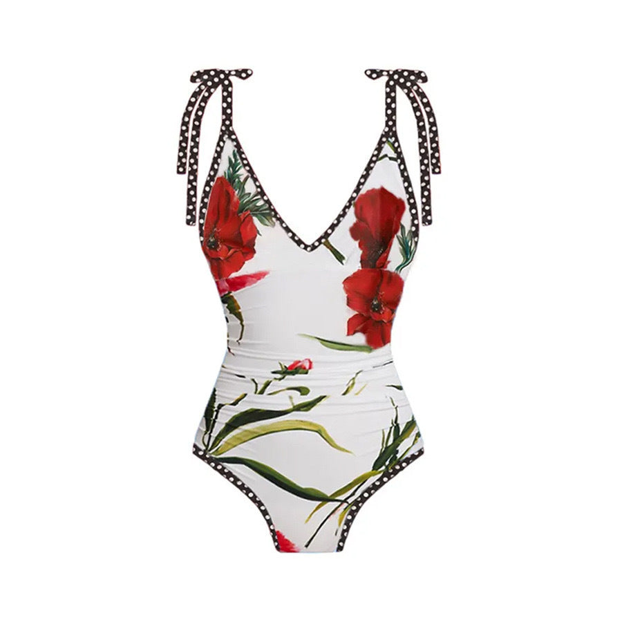 Printing One Piece Women Swimwear French Retro Cover Belly Slimming Swimsuit Chiffon Sand Bella Mia