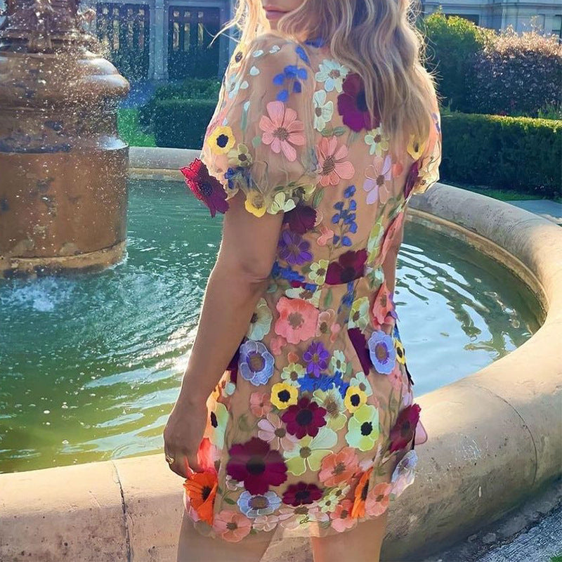 V neck Three Dimensional Floral Sheath Lantern Sleeve Dress Sexy Embroidered Dress Bella Mia