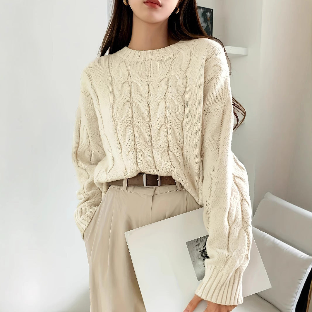 Autumn Winter Women Cable Knit Pullover Sweater Loose round Neck Solid Color All Matching Trendy Knitwear Top Bella Mia