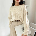 Autumn Winter Women Cable Knit Pullover Sweater Loose round Neck Solid Color All Matching Trendy Knitwear Top Bella Mia
