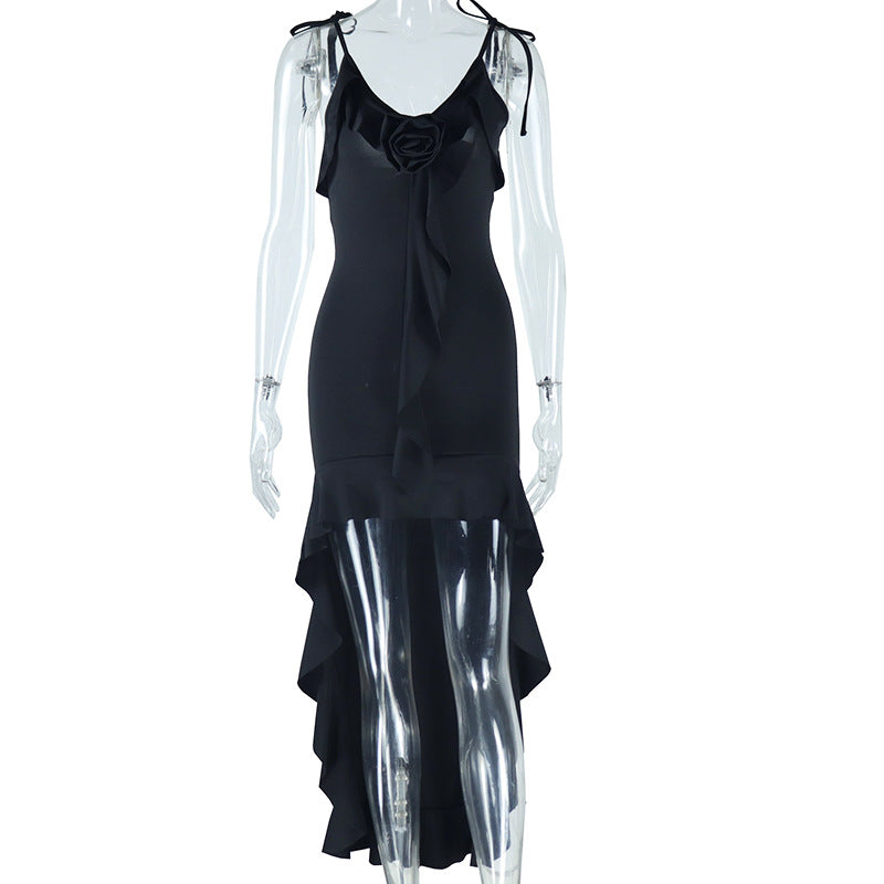 Women Clothing Solid Color Sexy Sleeveless Strap Floral Decoration Irregular Asymmetric Dress Trendy Dress Bella Mia