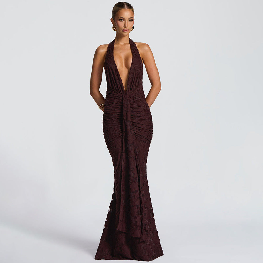 Lace Pleated Maxi Dress Women Sexy Deep V Plunge neck Backless Sheath Dress Bella Mia
