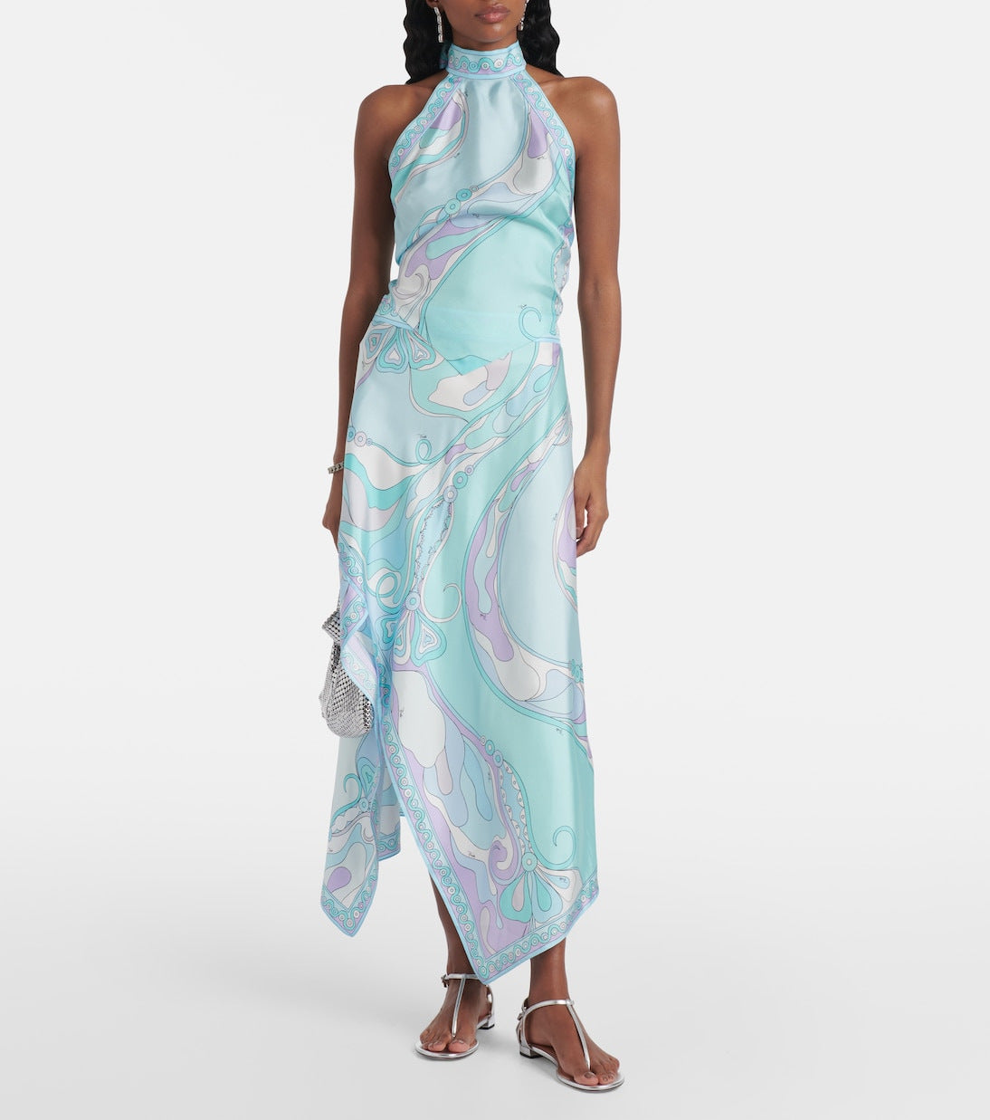 Printed Satin Halter Backless Top Irregular Asymmetric Skirt Two Piece Sets Bella Mia