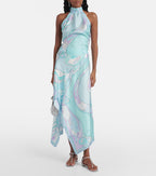 Printed Satin Halter Backless Top Irregular Asymmetric Skirt Two Piece Sets Bella Mia