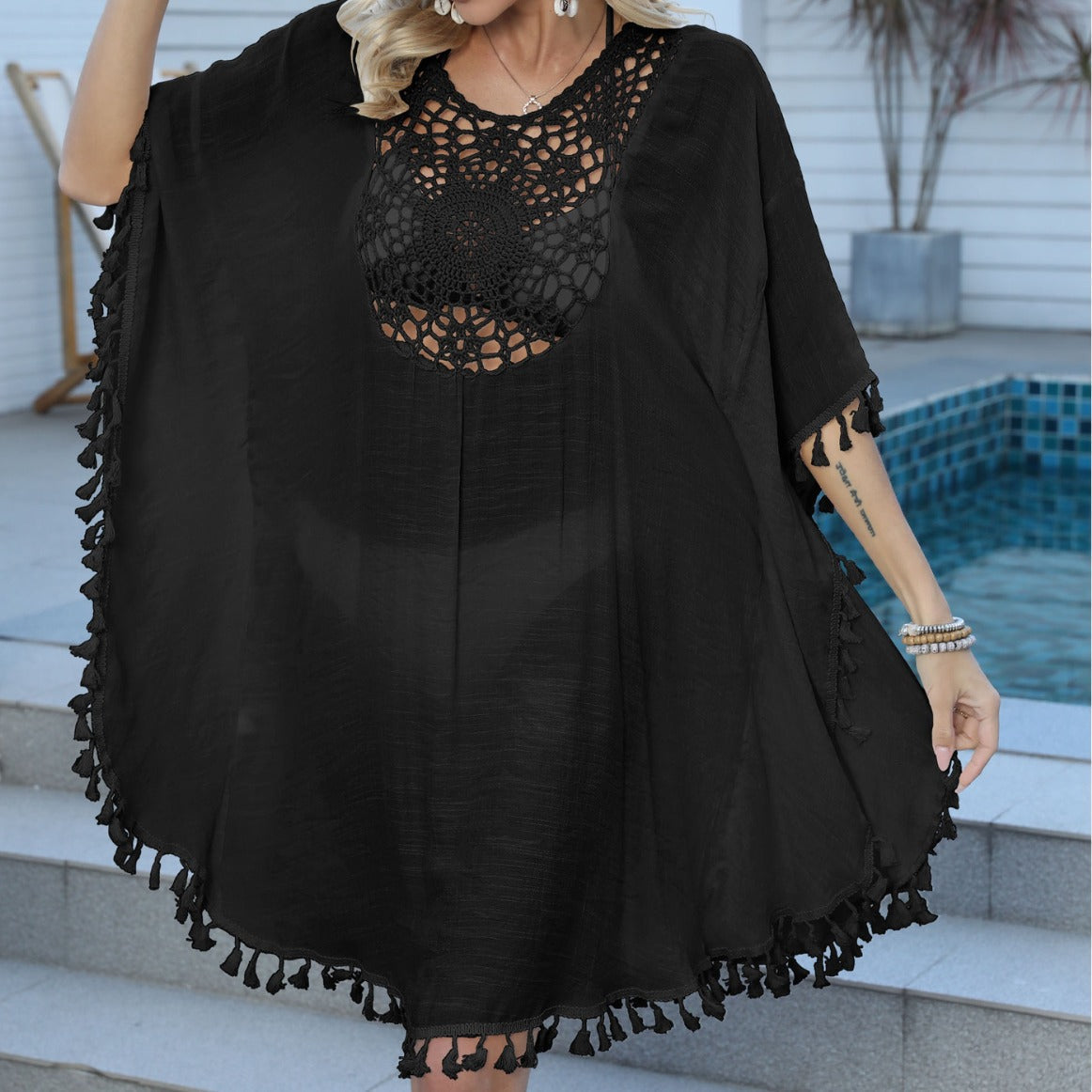 Beach Vacation Blouse Women Clothing Crocheted Stitching Tassel Bikini Cover Up Blouse Dress Bella Mia