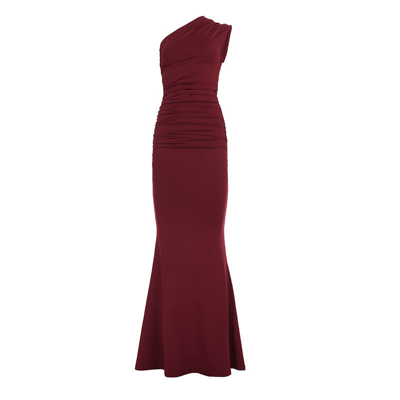 Women Elegant One Shoulder Maxi Dress Solid Color Slim Fit Socialite Cocktail Evening Dress Bella Mia