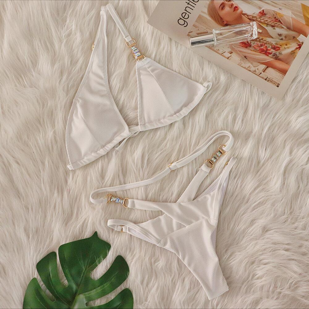 Sexy Bikini Crystal Diamond Striped Strap Split Women Swimsuit Bella Mia