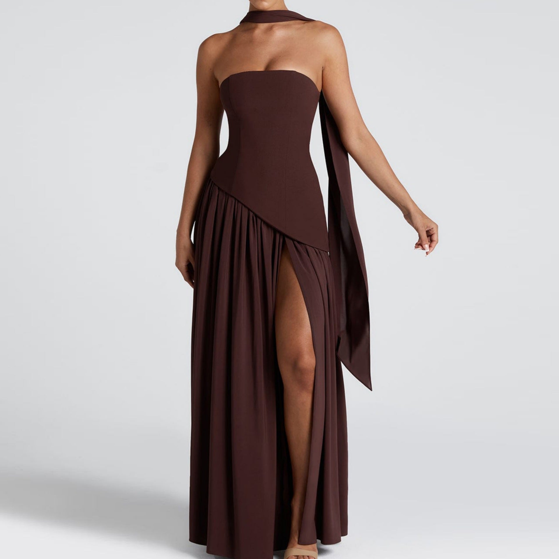 Summer Women Sexy Patchwork Backless Tube Top Solid Color Split Dress