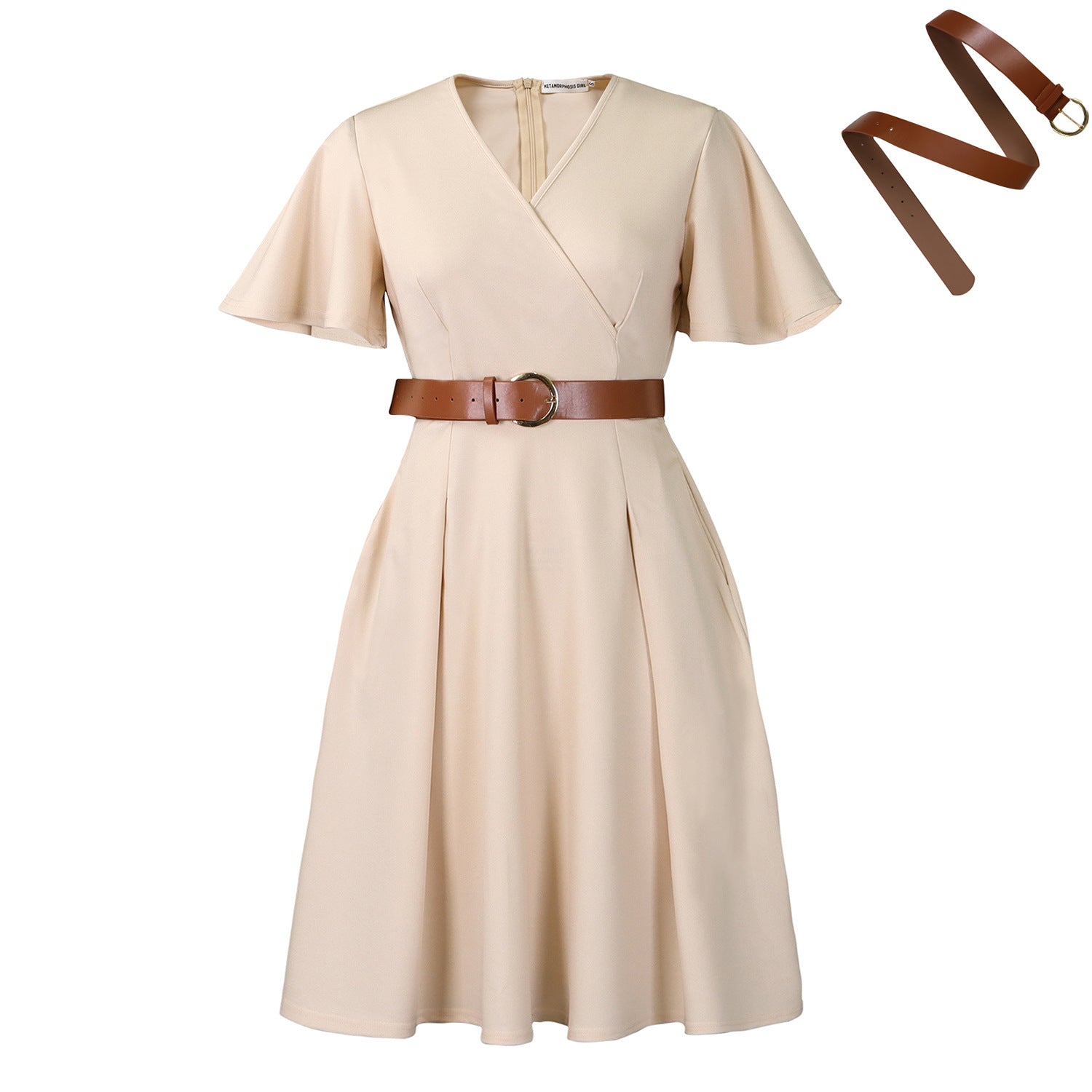 Women Clothing Elegant Solid Color V neck Flared Sleeves Dress