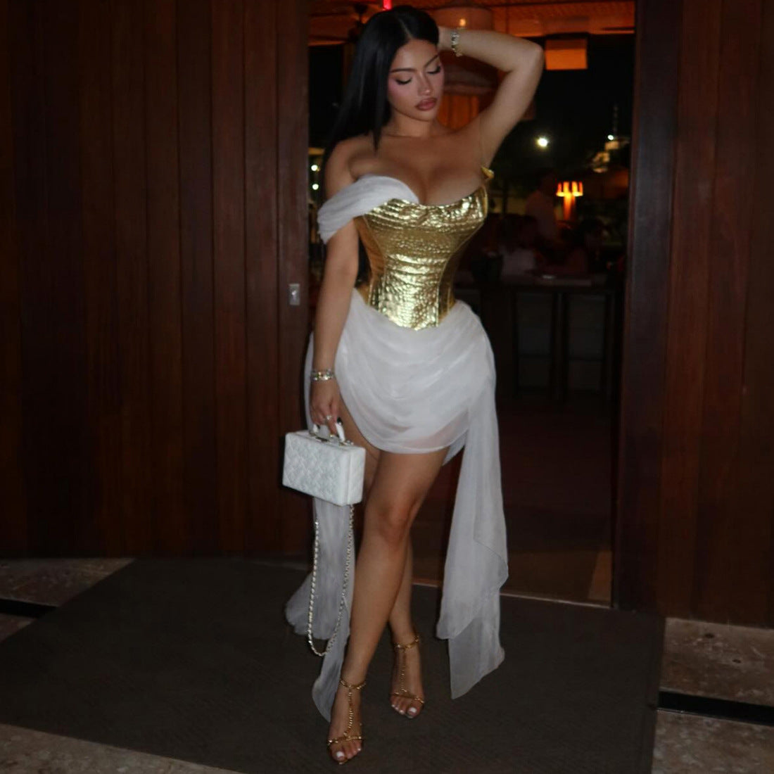 Spring Women Clothing Golden Bright Surface Mesh Stitching Ribbon Sexy Dress Bella Mia