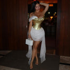 Spring Women Clothing Golden Bright Surface Mesh Stitching Ribbon Sexy Dress Bella Mia
