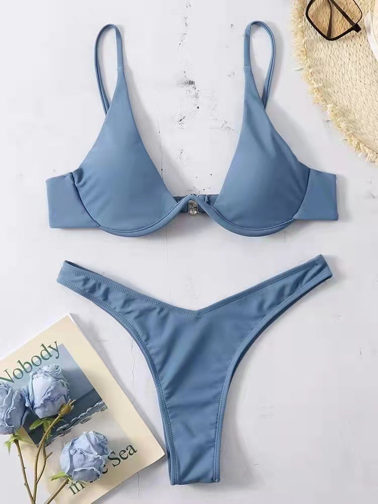 Sexy Bikini Split Gathering Steel Bracket Solid Color Swimsuit Women Bella Mia
