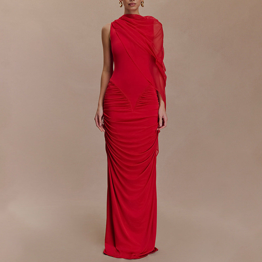 Fashionable Pleated Mesh Shawl Dress Sexy Sheath round Neck Slim Dress Bella Mia