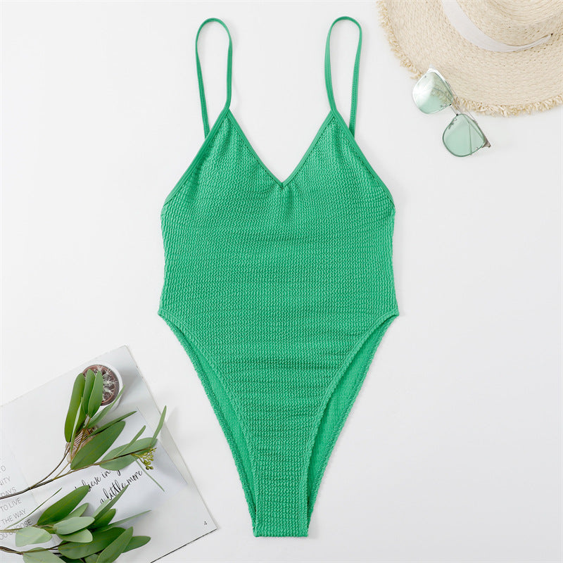 Deep V Plunge Bikini Sexy Swimsuit Solid Color Wrinkle Champray Bikini Bella Mia