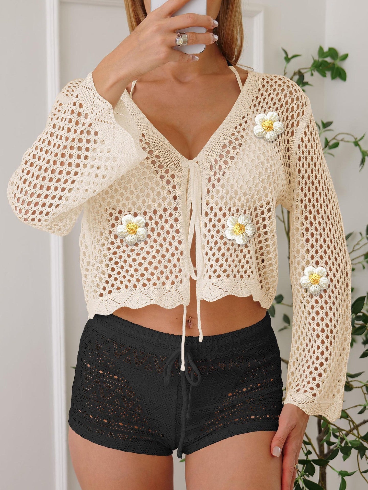 Women Lace up Cardigan Hollow Out Cutout out Woven Shirt Embroidered Floral Stitching Beach Sun Protection Long Sleeved Blouse Casual Coat Bella Mia