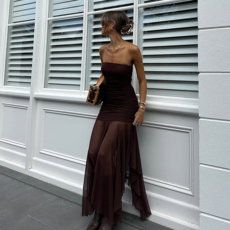 Women Clothing Spring Sexy Tube Top off Neck Mesh Stitching Dress Bella Mia