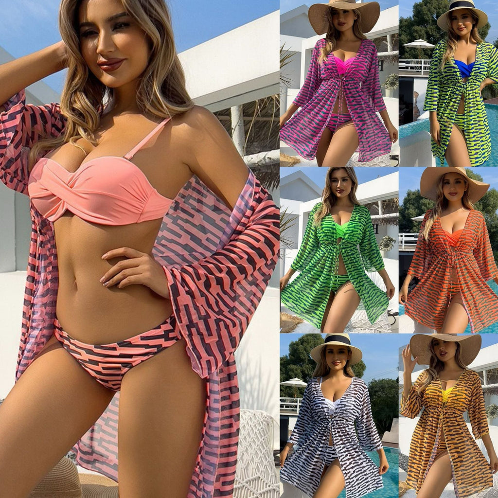 Lonkey Mesh Three Piece Swimsuit Women's Digital Printing Twist Bag Sun Protection Clothing Bella Mia