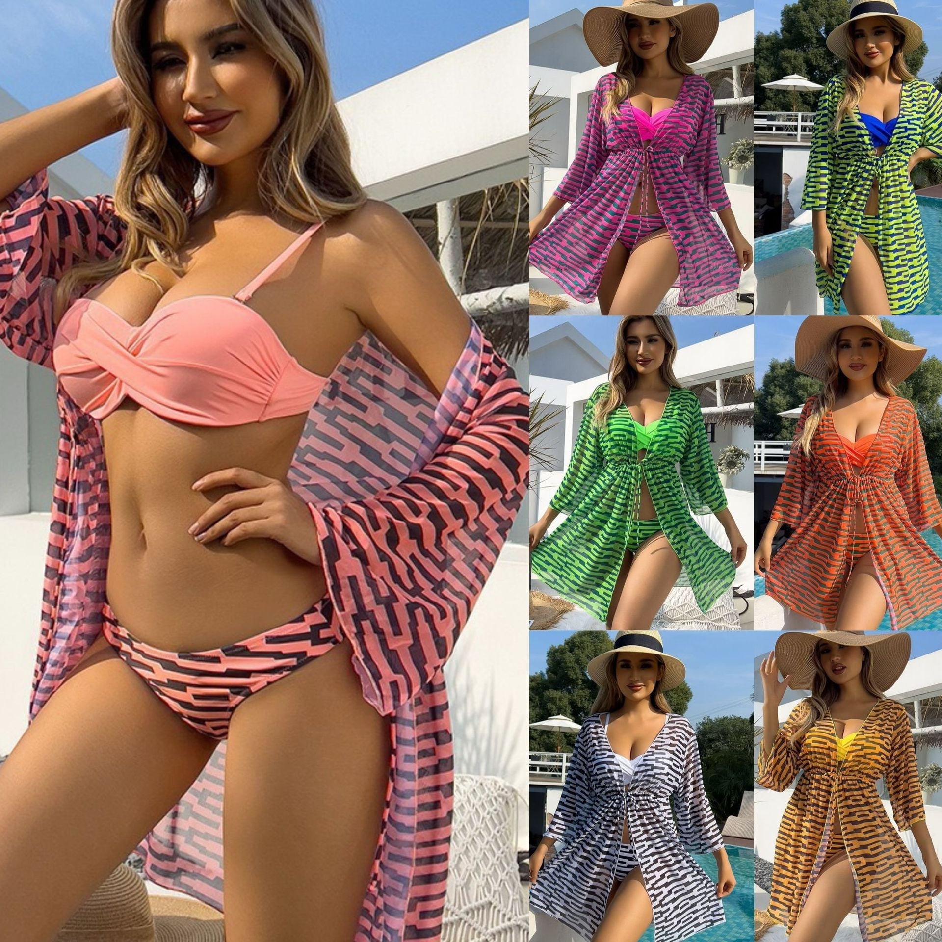 Lonkey Mesh Three Piece Swimsuit Women's Digital Printing Twist Bag Sun Protection Clothing Bella Mia