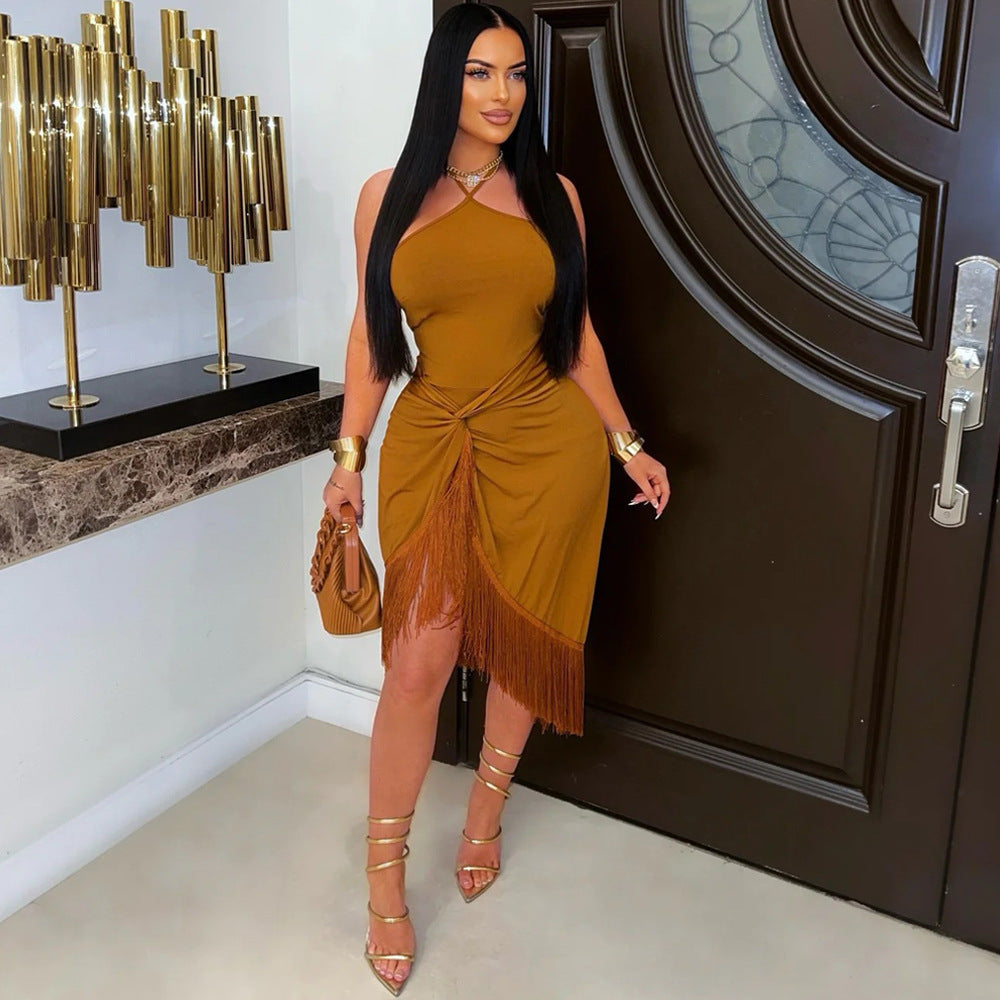 Women Clothing Sleeveless Lace up Skinny Sheath Tassel Maxi Dress Asymmetric Summer Bella Mia