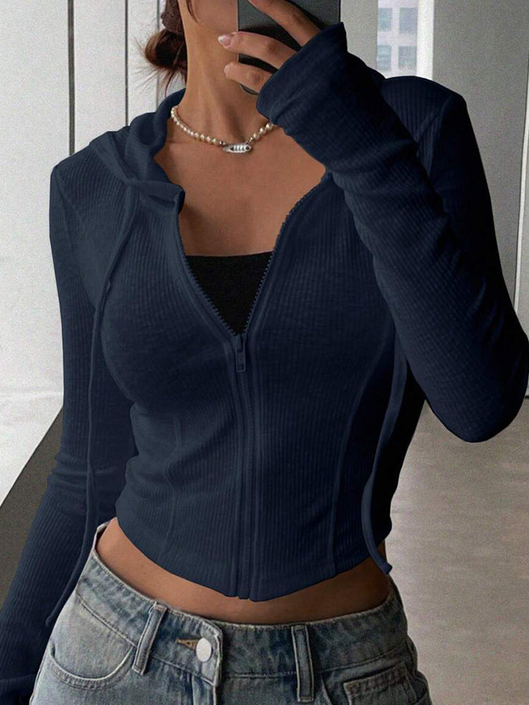 Fall Winter Knitwear Cardigan Top Slim Fit Sports Hoodie Short Zipper Hooded Sweatshirt